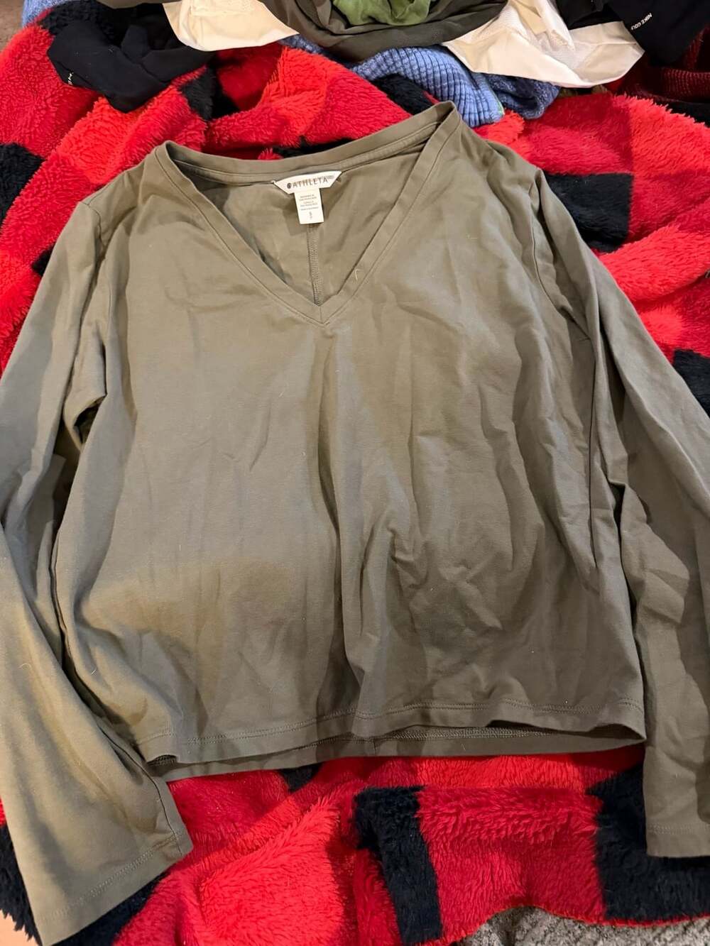 Athleta Olive Green V-Neck Long Sleeve Pullover Top
